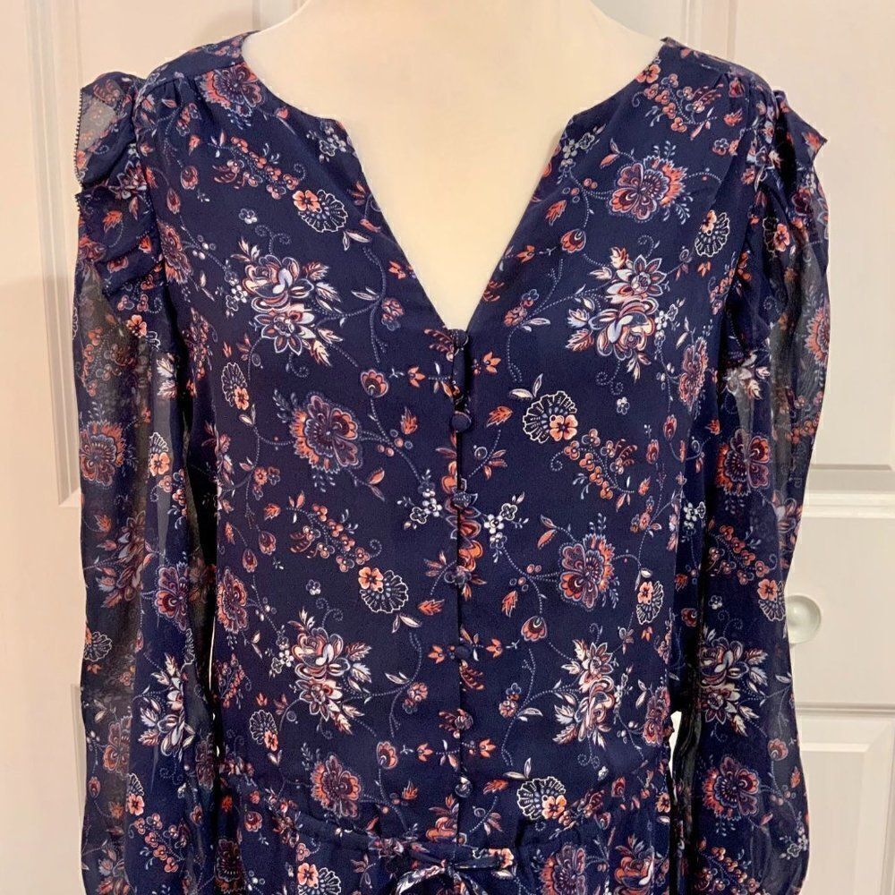 Joie Silk Blue Pink Floral Long Sleeve Drop Waist Tunic Mini Dress Small - Picture 2 of 12